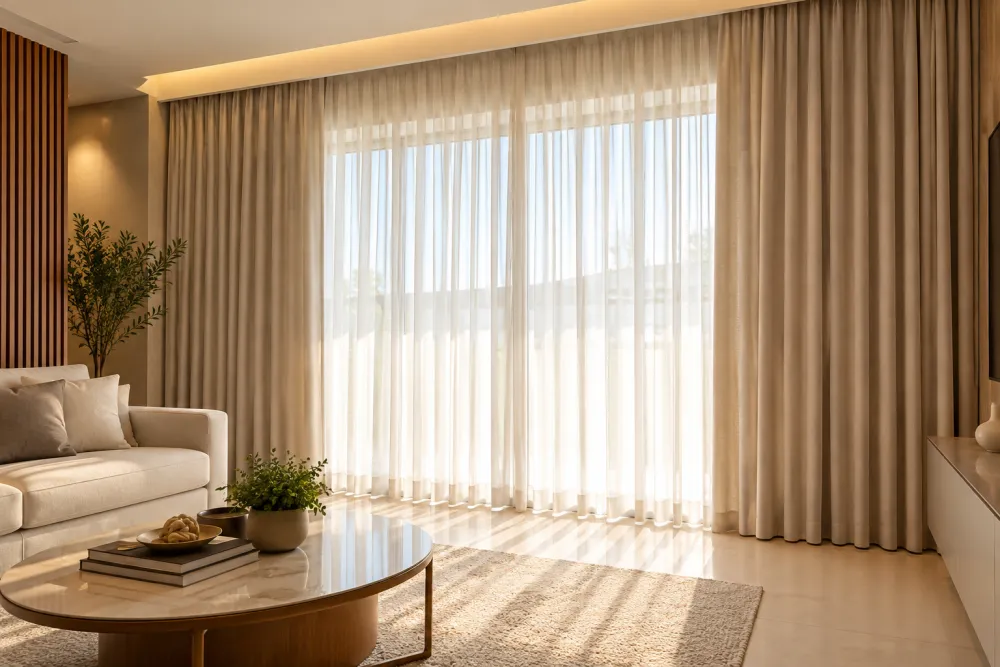 Sala ampla com cortina em camadas e voil translúcido